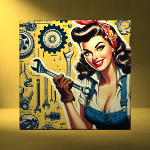 Vintage Mechanic Pin-up Ceramic Tile