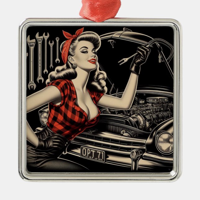 Vintage Mechanic Pin Up Metal Ornament (Front)