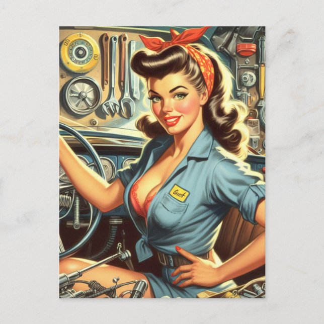 Vintage Mechanic Pin Up Postcard (Front)