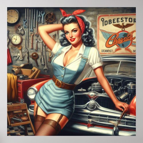 Vintage Mechanic Pin Up Poster