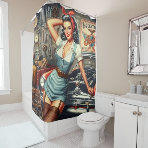 Vintage Mechanic Pin Up Shower Curtain