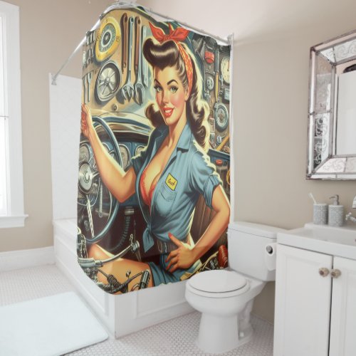 Vintage Mechanic Pin Up Shower Curtain