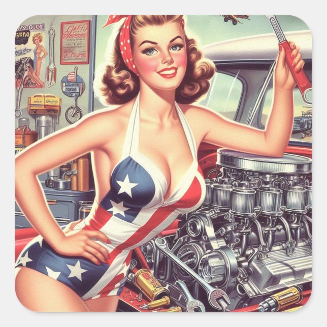 Vintage Mechanic Pin-up Square Sticker (Front)