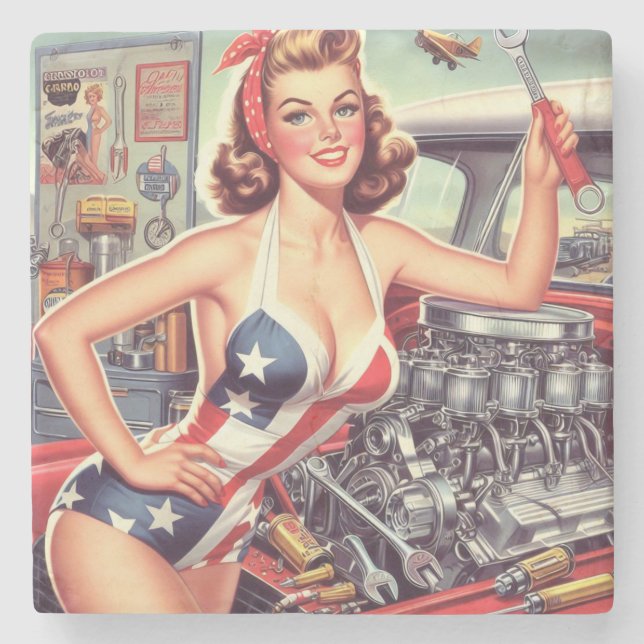 Vintage Mechanic Pin-up Stone Coaster (Front)