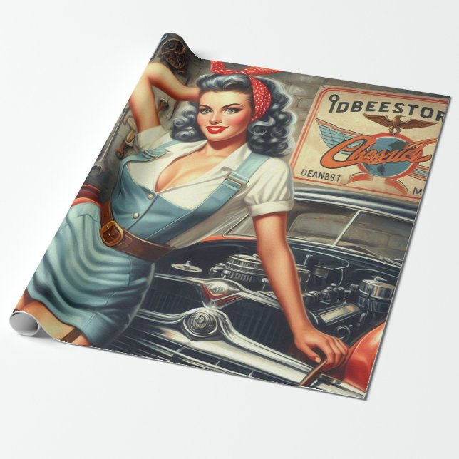 Vintage Mechanic Pin Up Wrapping Paper (Unrolled)