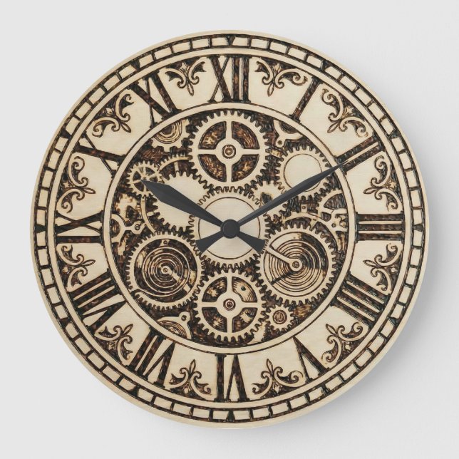 Vintage Mechanical Gears Wooden Wall Clock (Front)