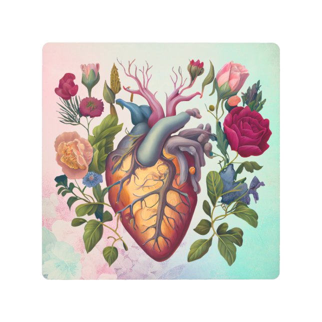Vintage medical anatomy heart flower doctor metal print (Front)