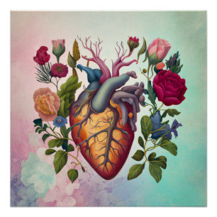Vintage medical anatomy heart flower doctor poster