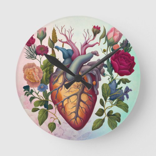 Vintage medical anatomy heart flower doctor round clock