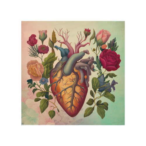 Vintage medical anatomy heart flower doctor wood wall art
