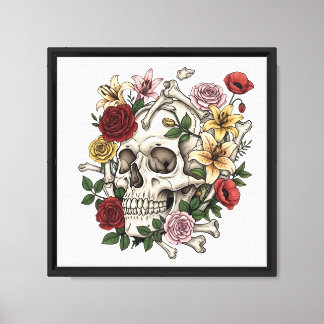 Vintage medical anatomy skull flower canvas print