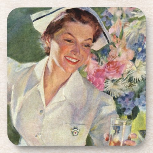 Vintage Medicine Happy Nurse in Uniform Beverage Coaster