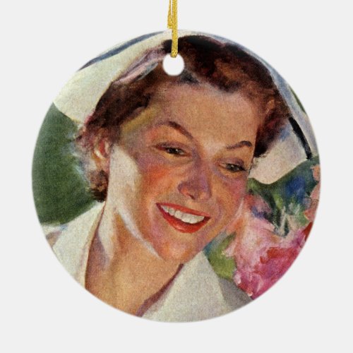 Vintage Medicine Happy Nurse in Uniform Ceramic Ornament