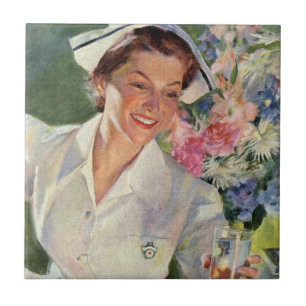Vintage Medicine, Happy Nurse in Uniform Ceramic Tile