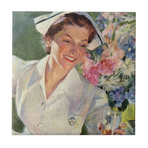 Vintage Medicine Happy Nurse in Uniform Ceramic Tile