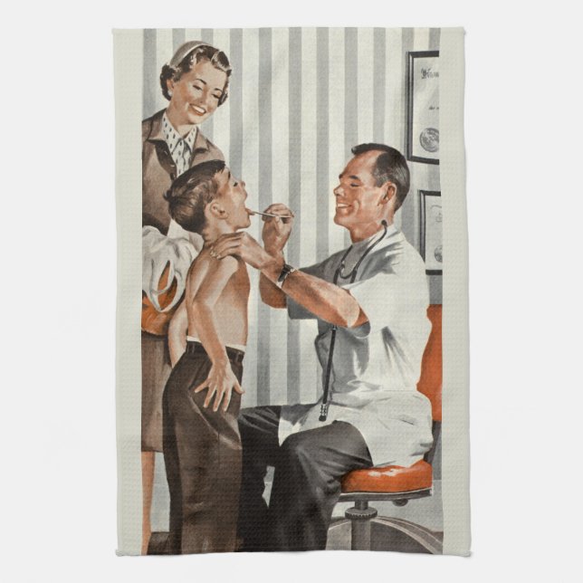 Vintage Medicine, Pediatrician Doctor with Patient Kitchen Towel (Vertical)
