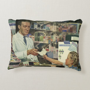 Vintage Medicine, Pharmacist and Girl at Pharmacy Accent Pillow