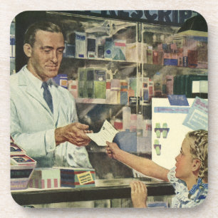 Vintage Medicine, Pharmacist and Girl at Pharmacy Beverage Coaster