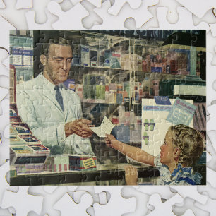 Vintage Medicine, Pharmacist and Girl at Pharmacy Jigsaw Puzzle