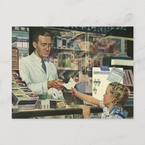Vintage Medicine Pharmacist and Girl at Pharmacy Postcard