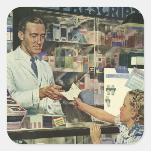 Vintage Medicine Pharmacist and Girl at Pharmacy Square Sticker