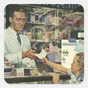 Vintage Medicine, Pharmacist and Girl at Pharmacy Square Sticker