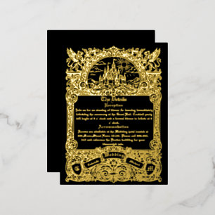 Vintage Medieval Black Gold Foil Wedding Details Invitation Postcard