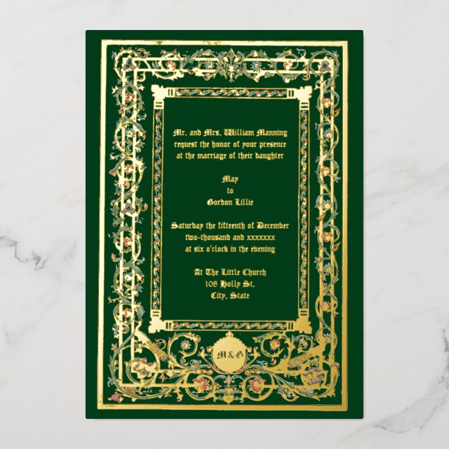 Vintage "Medieval" Illuminated Wedding Foil Invitation (Front)
