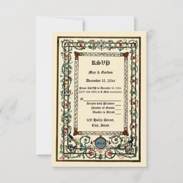 Vintage "Medieval" Illuminated Wedding RSVP Card (Front)