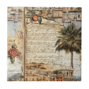 Vintage Mediterranean Artwork with Palm and Script Ceramic Tile
