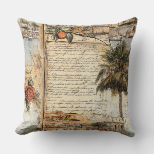 Vintage Mediterranean Artwork with Palm and Script Throw Pillow