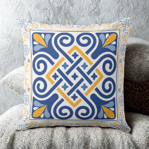 Vintage Mediterranean Blue & Gold Floral Tile Throw Pillow