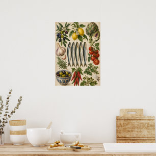 Vintage Mediterranean Food & Sardines Kitchen Post Poster