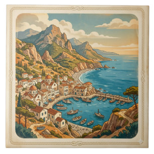Vintage Mediterranean Harbor Coastal Village Ceramic Tile
