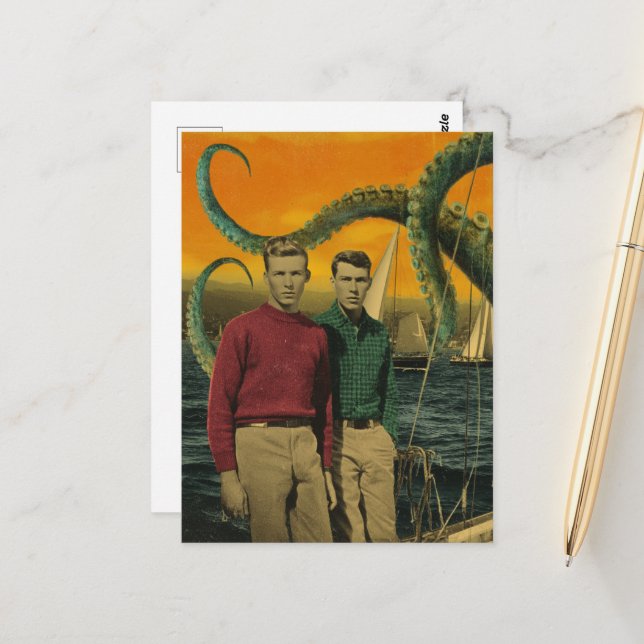 Vintage Men and Octopus Beware of the Kracken  Postcard (Front/Back In Situ)
