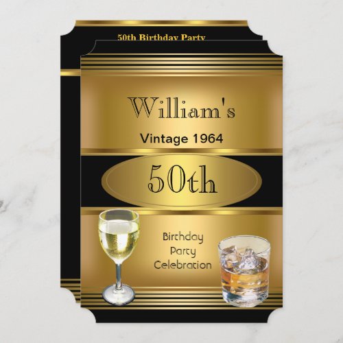 Vintage Mens 50th Birthday Party Gold Drinks Invitation