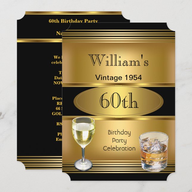 Vintage Mens 60th Birthday Party Gold Drinks Invitation (Front/Back)