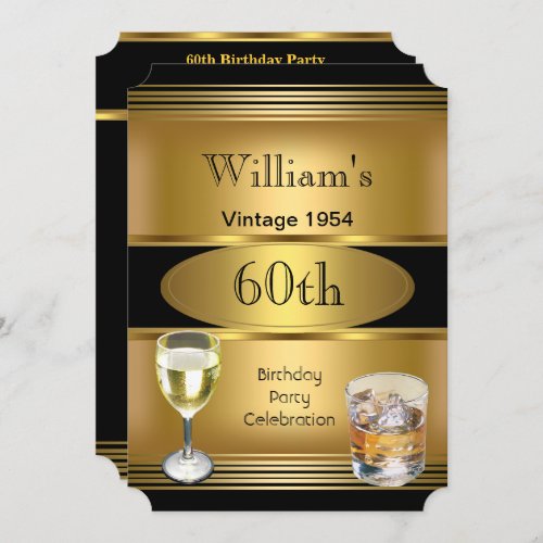 Vintage Mens 60th Birthday Party Gold Drinks Invitation