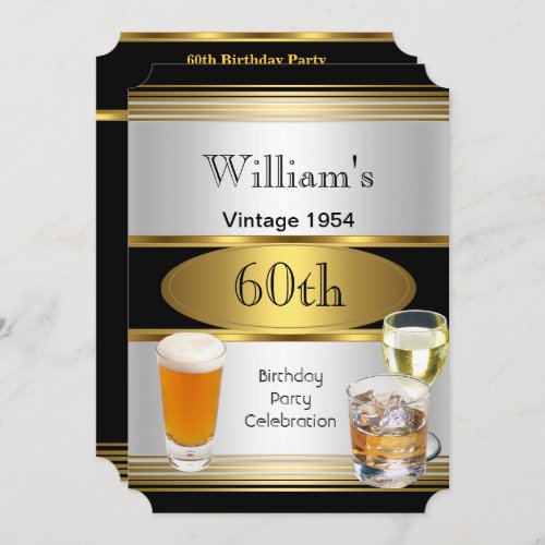 Vintage Mens 60th Birthday Party Gold Silver Beer Invitation