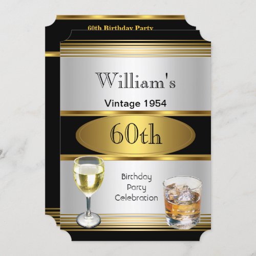 Vintage Mens 60th Birthday Party Gold Silver Drink Invitation
