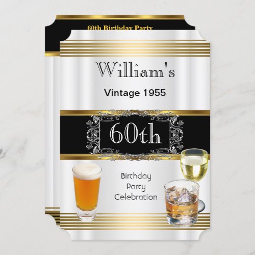 Vintage Mens 60th Birthday Party Gold White Beer Invitation