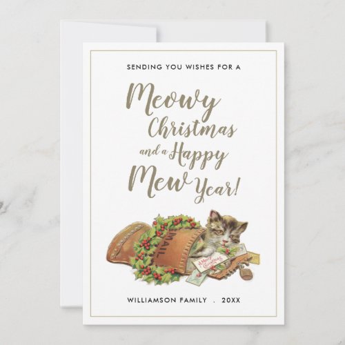 Vintage Meowy Christmas Typography Mail Cat Holiday Card