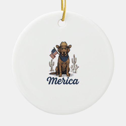 Vintage Merica Cowboy Dog American Flag Shirt_1 Ceramic Ornament