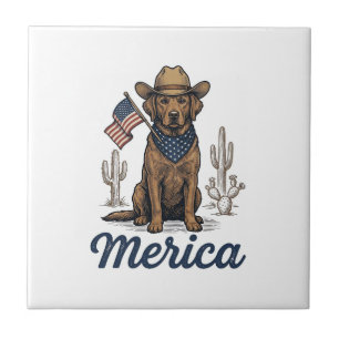 Vintage Merica Cowboy Dog American Flag Shirt_1 Ceramic Tile