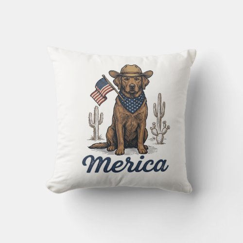 Vintage Merica Cowboy Dog American Flag Shirt_1 Throw Pillow