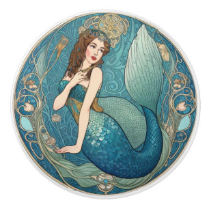 Vintage Mermaid Art Nouveau Retro Deco Teal Ceramic Knob