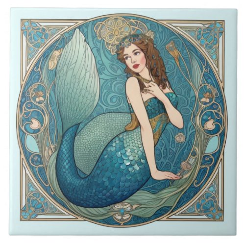 Vintage Mermaid Art Nouveau Retro Deco Teal Ceramic Tile