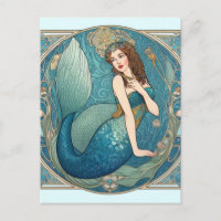 Vintage Mermaid Art Nouveau Retro Deco Teal