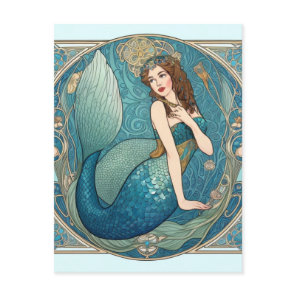 Vintage Mermaid Art Nouveau Retro Deco Teal Postcard