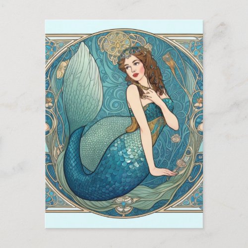 Vintage Mermaid Art Nouveau Retro Deco Teal Postcard